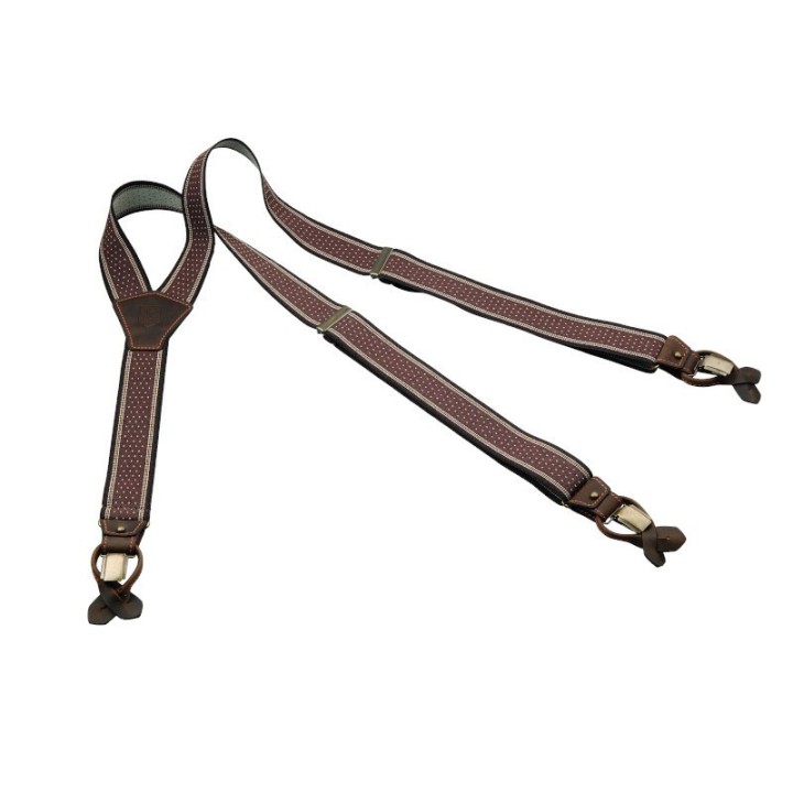 Bretelle Riserva elastiche, verde/marrone, con inserti in pelle e doppio sistema di attacco clip/bottone.