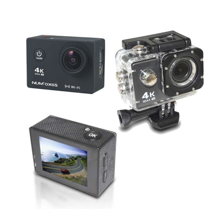 Action Camera Num'Axes CAM 1014 4K con sensore Sony 16MP e custodia subacquea inclusa.