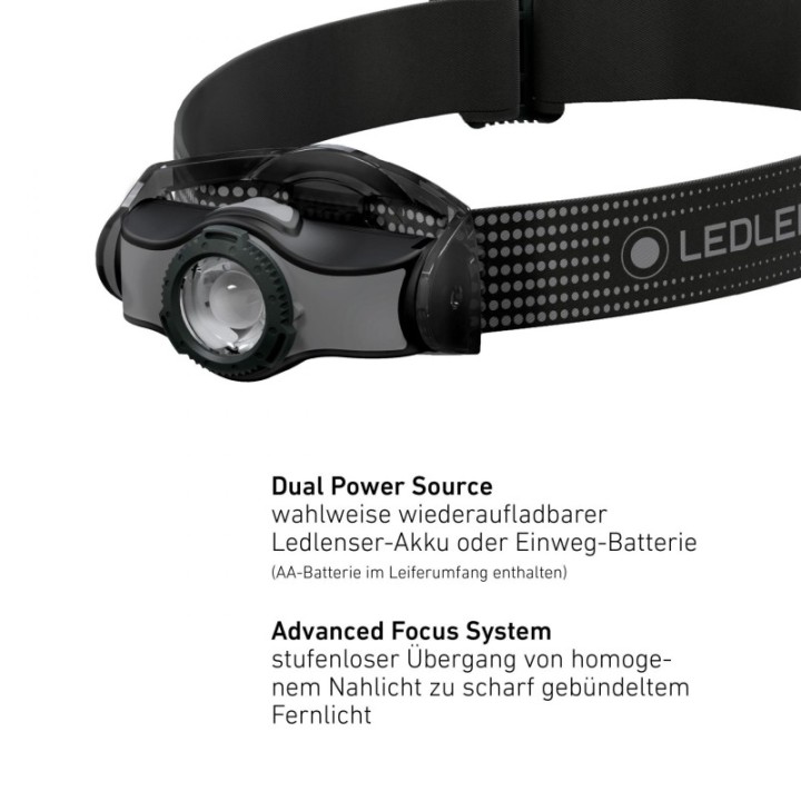 Lampada frontale Ledlenser MH3 (200 Lumen, 130m), Ibrida AA/Li-ion, 2-in-1 con Advanced Focus System.