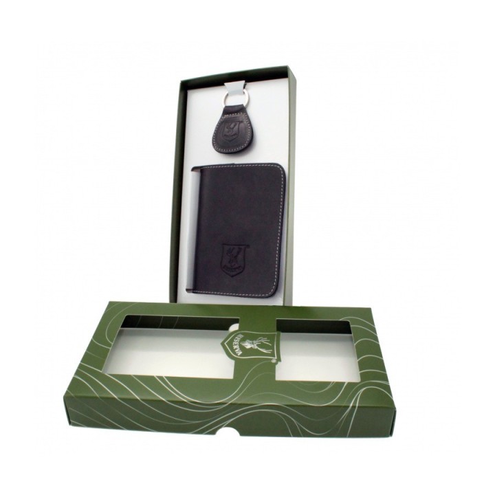 Set Regalo Riserva R3102 in pelle nera: Porta Licenza (11x14 cm) con protezione impermeabile e Portachiavi coordinato.