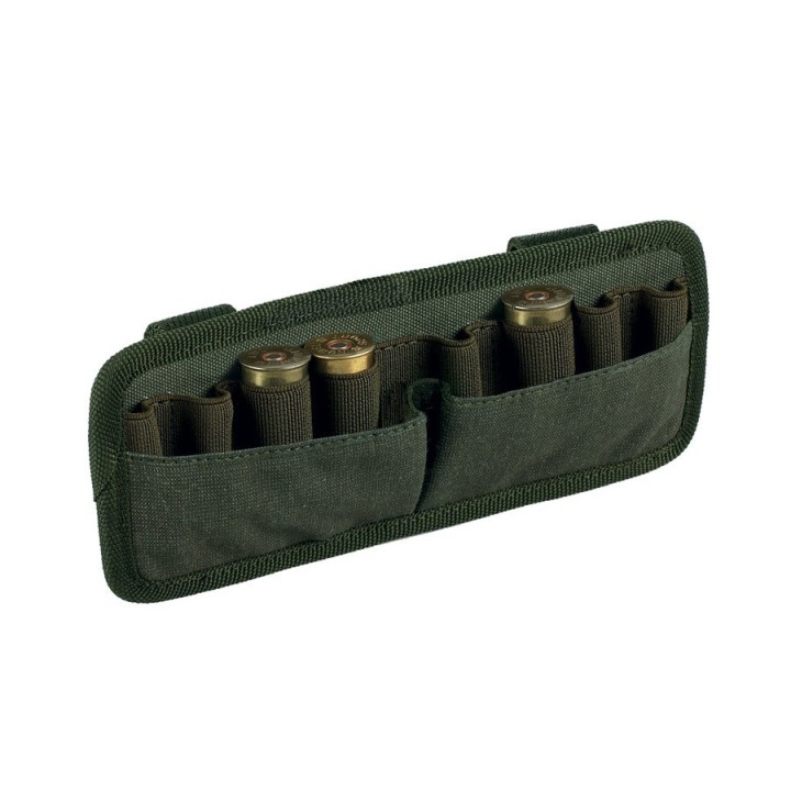 Porta cartucce Riserva 8 celle multicalibro (12/20/28) in Cordura Naturelle Verde, con passanti a bottone per aggancio modulare.