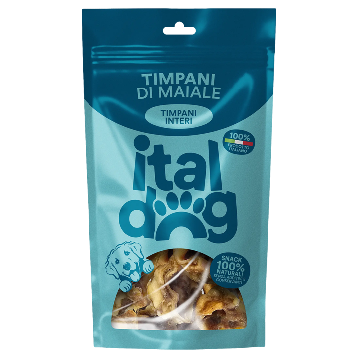 Timpani di Maiale Naturali Italdog, snack 100% naturale, masticabile per igiene dentale e antistress.