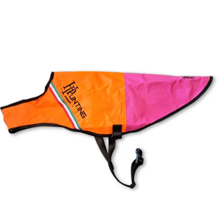 Mantellina alta visibilità per cani da caccia in cordura arancio con chiusura di sicurezza.