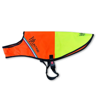 Mantellina alta visibilità per cani da caccia in cordura arancio con chiusura di sicurezza.
